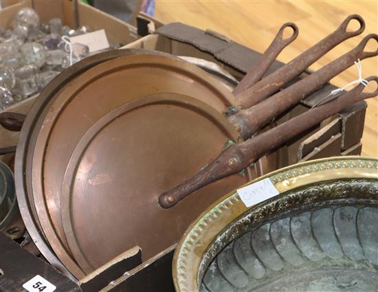 Victorian copper pans and assorted lids